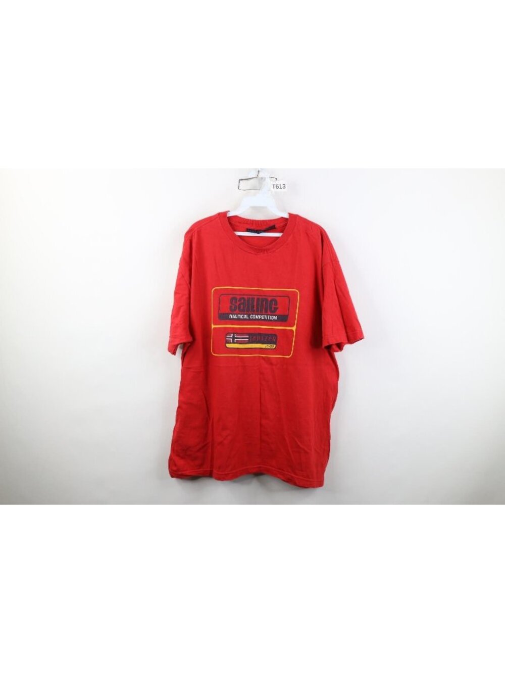 Vintage 90s Mens XL Spell Out Sailing Nautical Competition Flag T-Shirt Red